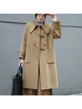 2023 Új Japán Street Fashion Hideg Gyapjú Kabát Női Szép Laza Női Felsőruházat, Női Kabát Téli Kürt Kapcsoló Gomb