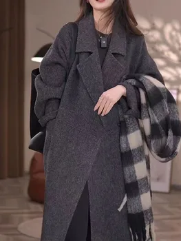 2023 Őszi Téli Női Elegáns Szilárd Kasmír Hosszú Kabátot Office Lady Egyetlen Gomb Dupla Oldalon Woole Kabátok Koreai Divat Kabát