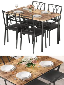 4 Részes Étkező Asztal Szett Bor Rack - Fém, Fa Konyha Asztal Székekkel Rusztikus Barna Téglalap alakú Étkező Asztal Szett