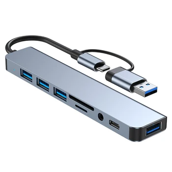 8 Az 1-ben Dongle Dokkoló Állomás, USB 3.0/2.0 Port C Típusú Extender Hub 3,5 mm-es Jack USB C PC/Samsung S8-10/Huawei Mate10/P20/P30