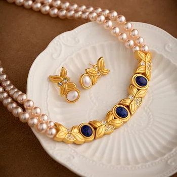 a nők a középkori francia bíróság levél luxus gyöngy pulóver lánc vintage high-end kulcscsont lánc növényi fülbevaló esküvői ékszer szett