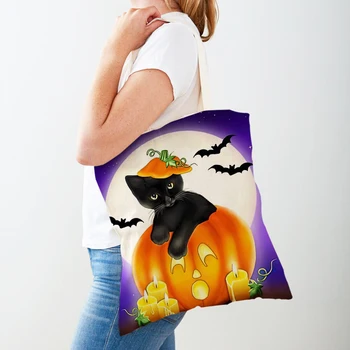 Boldog Halloween Alkalmi Női Bevásárló Táska Dupla Vászon Nyomtatás Hölgy Bevásárló Táskák Rajzfilm Koponya Tök Lány Utazási Táska Táskák