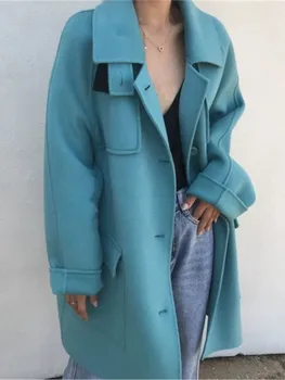 Divatos Páva, Kék Gyapjú Kabát Új Női Vintage egysoros Kabátok Őszi\Tél Laza Alkalmi Meleg Vastag Outwears