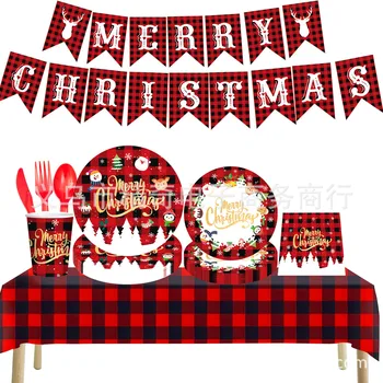Fekete-piros kockás Karácsonyi party dekoráció zászló eldobható evőeszközök poharak szalvéta terítő lemez szalma, party kellékek.