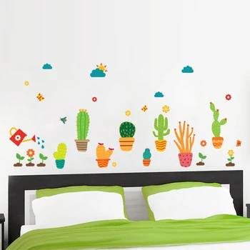 Rajzfilm Kaktusz Virág, Fű Wall Art Matricák Hivatal Bolt Lambéria Lakberendezési Diy Lelkipásztori Növény Falfestmény Pvc Matrica
