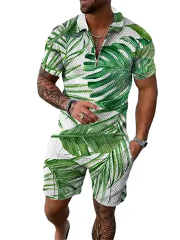 Új Hawaii Beach Férfi Póló, Alkalmi Nadrág Öltöny Fél Zip Hajtóka Rövid Ujjú Póló Kabátot Viselnek a Férfiak, mind a Nadrág Nyári Ruházat Készlet