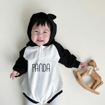 2023 Őszi Ins Koreai Fiú Hacukában Pamut Levelet Panda Hosszú Ujjú Kapucnis Újszülött Fiúk Body Csecsemő Fiú Ruhák