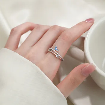925 Sterling Ezüst Fishtail Dupla Réteg Cirkon Nyitó Gyűrű mutatóujját Női Divat Minimalista Ékszerek Fél Ajándék