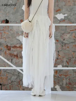 Cakucool retro nyári női A-vonalú alkalmi tündér csipke szilárd long beach patchwork fehér háló szoknya